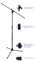 EURO BOOM MICROPHONE STAND BLACK  HEIGHT ADJ 32-61.5" , FIXED BOOM LENGTH 30", TRIPOD BASE